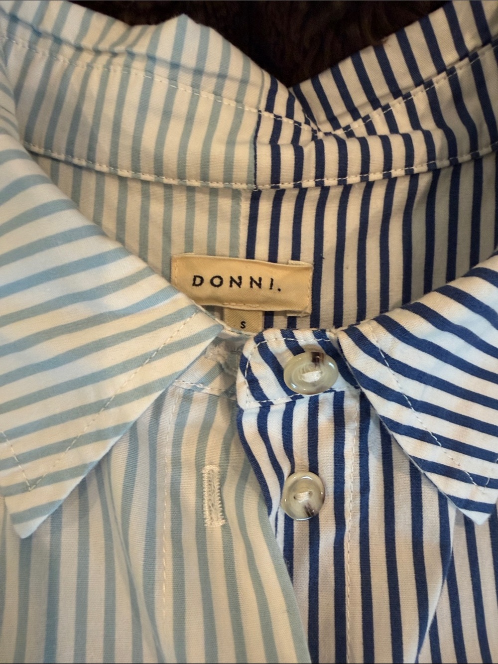 DONNI. Two-Tone Vertical Stripe Button-Down Shirt - Light Blue & Navy - Picture 4 of 6